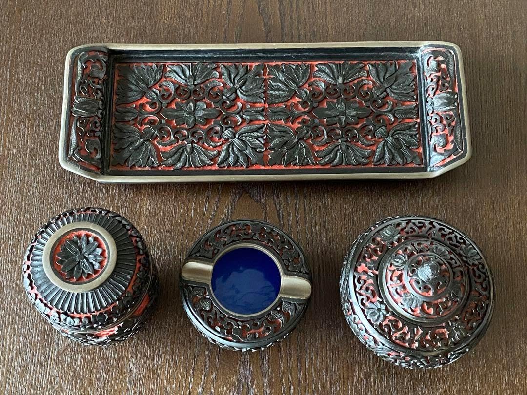 中国古玩 中国工芸美術品茶器茶道具 堆黒彫漆セット トレー付き